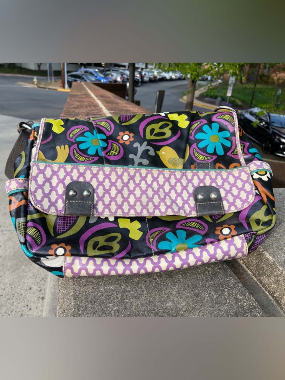 Vintage Fossil Floral “Key Per” Messenger Bag in Black, Teal, Purple & Lime